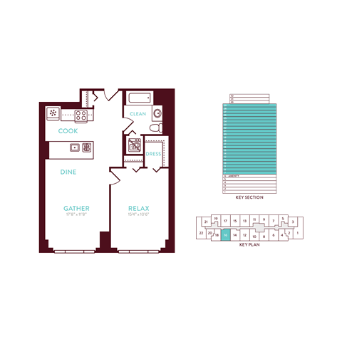 Floor plan for 1 bed, 1 bath, 682 sqft