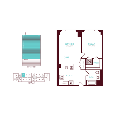 Floor plan for 1 bed, 1 bath, 683 sqft