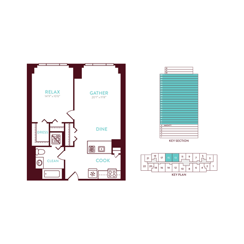 Floor plan for 1 bed, 1 bath, 683 sqft