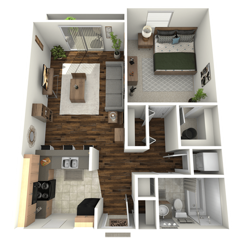 Floor plan for 1 bed, 1 bath, 683 sqft