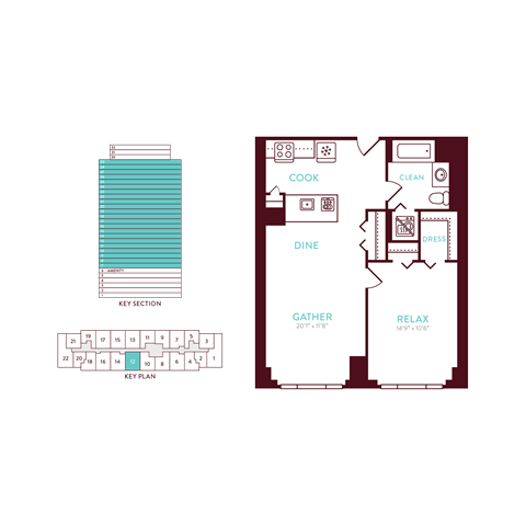 Floor plan for 1 bed, 1 bath, 703 sqft