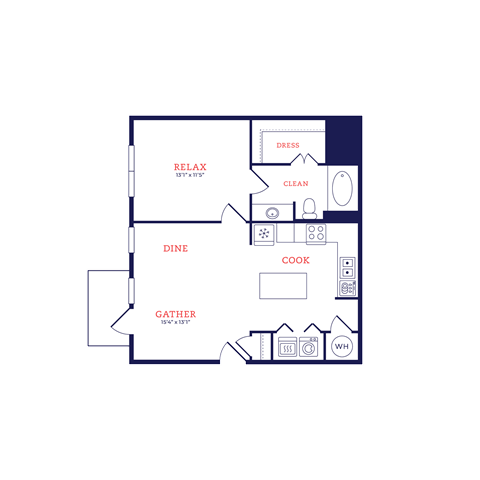 Floor plan for 1 bed, 1 bath, 705 sqft
