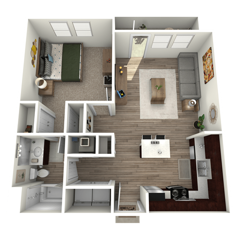 Floor plan for 1 bed, 1 bath, 707 sqft