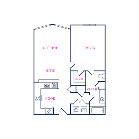 Floor plan for 1 bed, 1 bath, 709 sqft