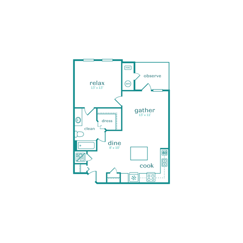 Floor plan for 1 bed, 1 bath, 717 sqft