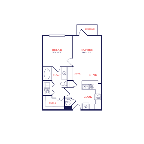 Floor plan for 1 bed, 1 bath, 720 sqft