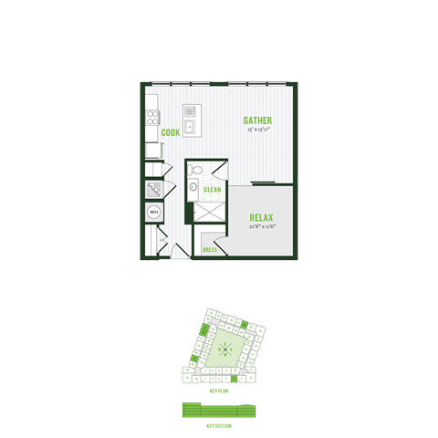 Floor plan for 1 bed, 1 bath, 723 sqft