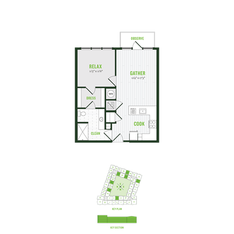 Floor plan for 1 bed, 1 bath, 723 sqft