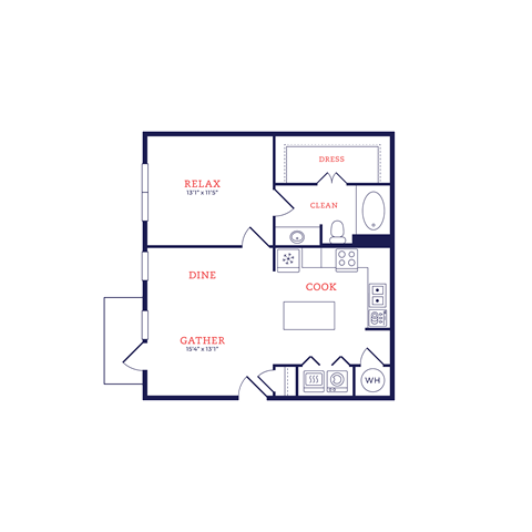 Floor plan for 1 bed, 1 bath, 728 sqft