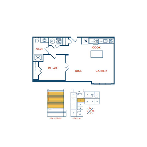 Floor plan for studio, 1 bath, 728 sqft