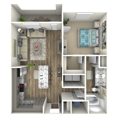 Floor plan for 1 bed, 1 bath, 729 sqft