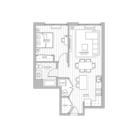 Floor plan for 1 bed, 1 bath, 733 sqft