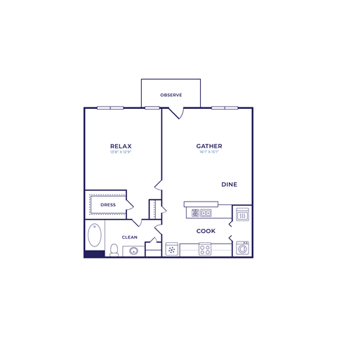 Floor plan for 1 bed, 1 bath, 736 sqft