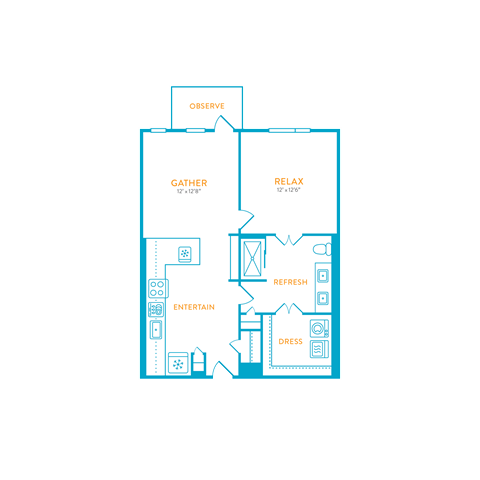 Floor plan for 1 bed, 1 bath, 738 sqft