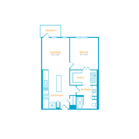 Floor plan for 1 bed, 1 bath, 738 sqft