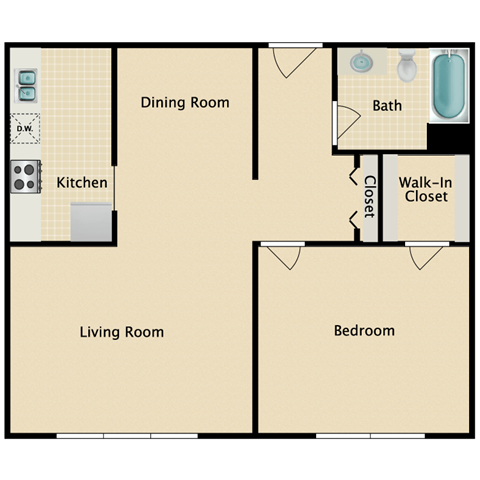 Floor plan for 1 bed, 1 bath, 740 sqft