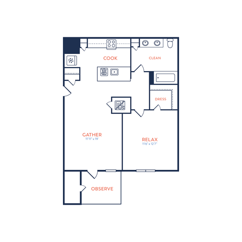 Floor plan for 1 bed, 1 bath, 745 sqft