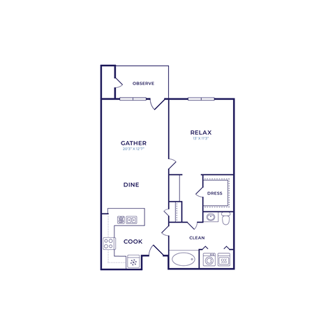 Floor plan for 1 bed, 1 bath, 749 sqft