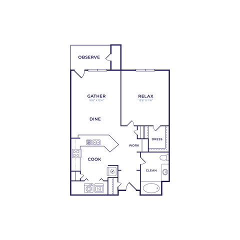 Floor plan for 1 bed, 1 bath, 754 sqft