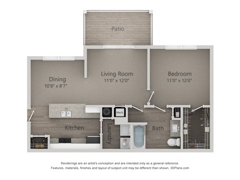 Floor plan for 1 bed, 1 bath, 761 sqft