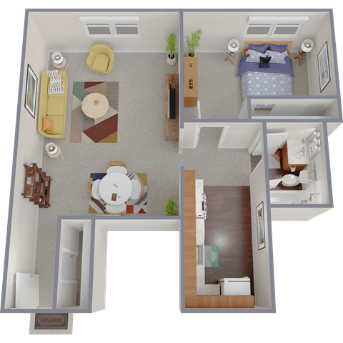 Floor plan for 1 bed, 1 bath, 763 sqft
