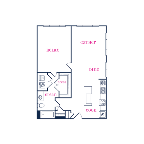 Floor plan for 1 bed, 1 bath, 765 sqft
