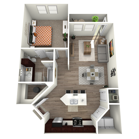 Floor plan for 1 bed, 1 bath, 777 sqft