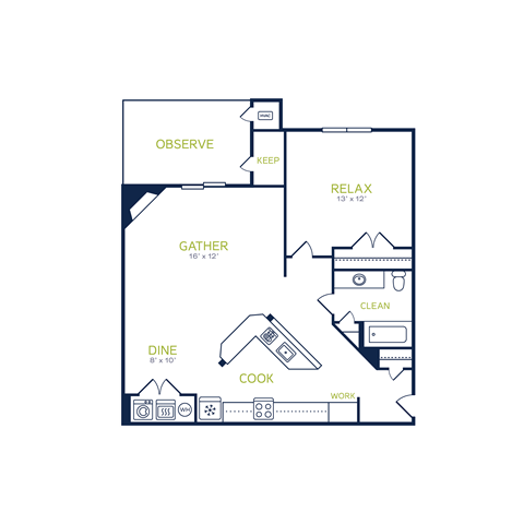 Floor plan for 1 bed, 1 bath, 778 sqft