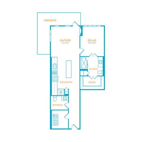Floor plan for 1 bed, 1 bath, 785 sqft