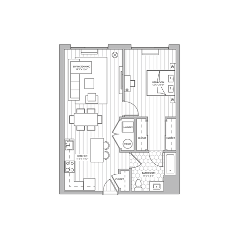 Floor plan for 1 bed, 1 bath, 788 sqft