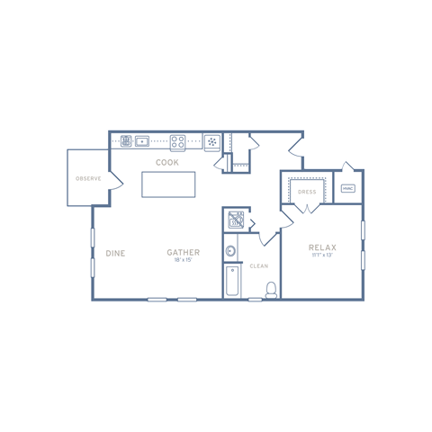 Floor plan for 1 bed, 1 bath, 818 sqft