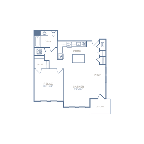 Floor plan for 1 bed, 1 bath, 800 sqft
