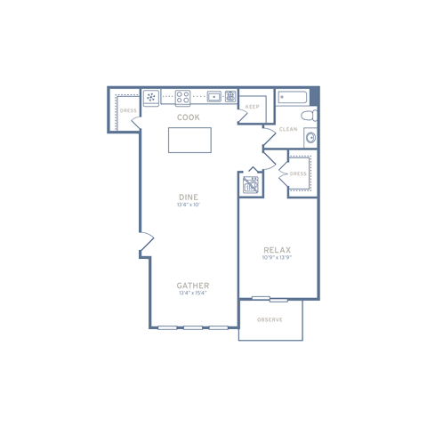 Floor plan for 1 bed, 1 bath, 800 sqft