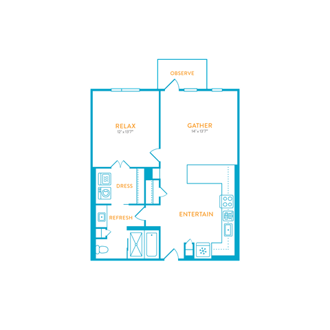 Floor plan for 1 bed, 1 bath, 809 sqft