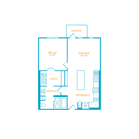 Floor plan for 1 bed, 1 bath, 809 sqft