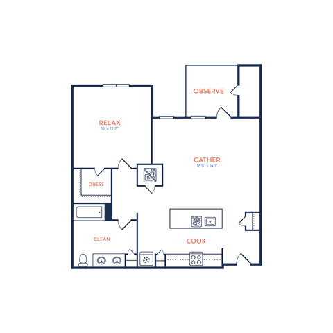 Floor plan for 1 bed, 1 bath, 816 sqft