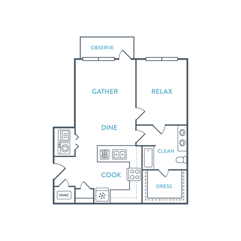 Floor plan for 1 bed, 1 bath, 817 sqft