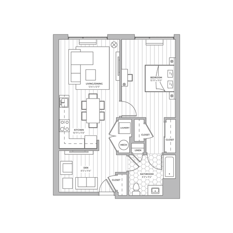 Floor plan for 1 bed, 1 bath, 822 sqft