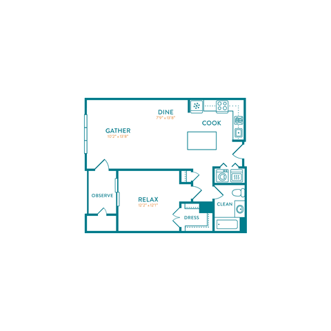 Floor plan for 1 bed, 1 bath, 824 sqft