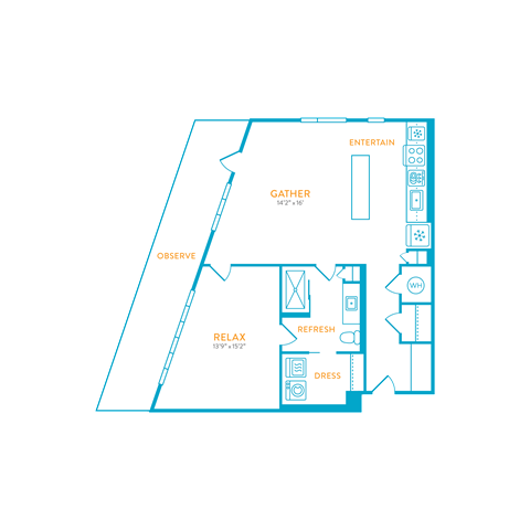 Floor plan for 1 bed, 1 bath, 827 sqft