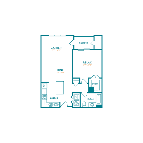 Floor plan for 1 bed, 1 bath, 837 sqft