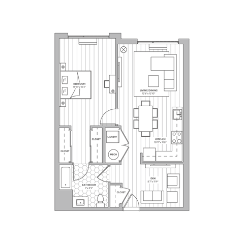 Floor plan for 1 bed, 1 bath, 837 sqft
