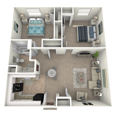 Floor plan for 2 beds, 1 bath, 840 sqft