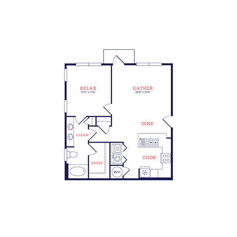 Floor plan for 1 bed, 1 bath, 840 sqft
