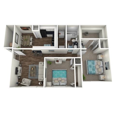 Floor plan for 2 beds, 1 bath, 844 sqft