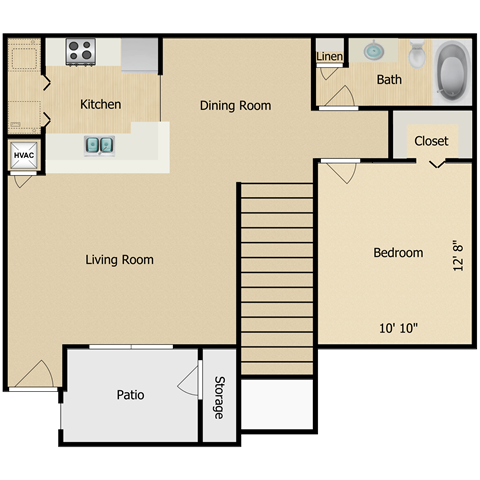 Floor plan for 1 bed, 1 bath, 849 sqft