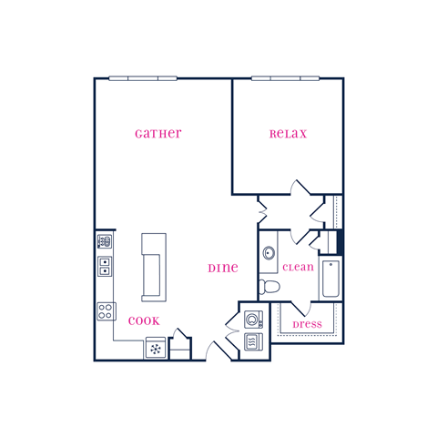 Floor plan for 1 bed, 1 bath, 850 sqft