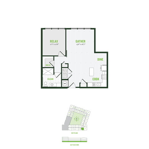 Floor plan for 1 bed, 1 bath, 854 sqft