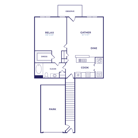 Floor plan for 1 bed, 1 bath, 736 sqft