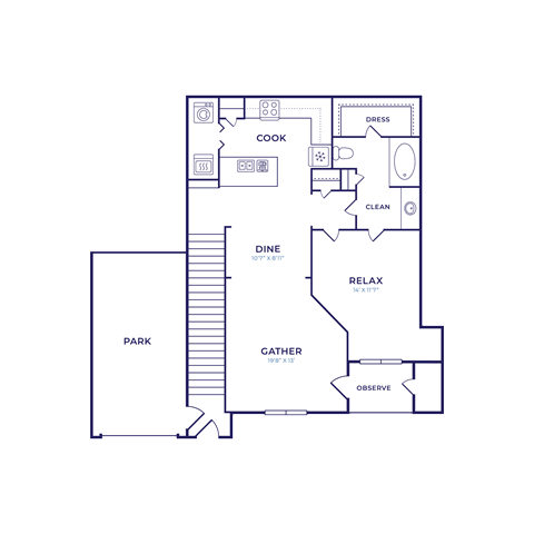 Floor plan for 1 bed, 1 bath, 863 sqft